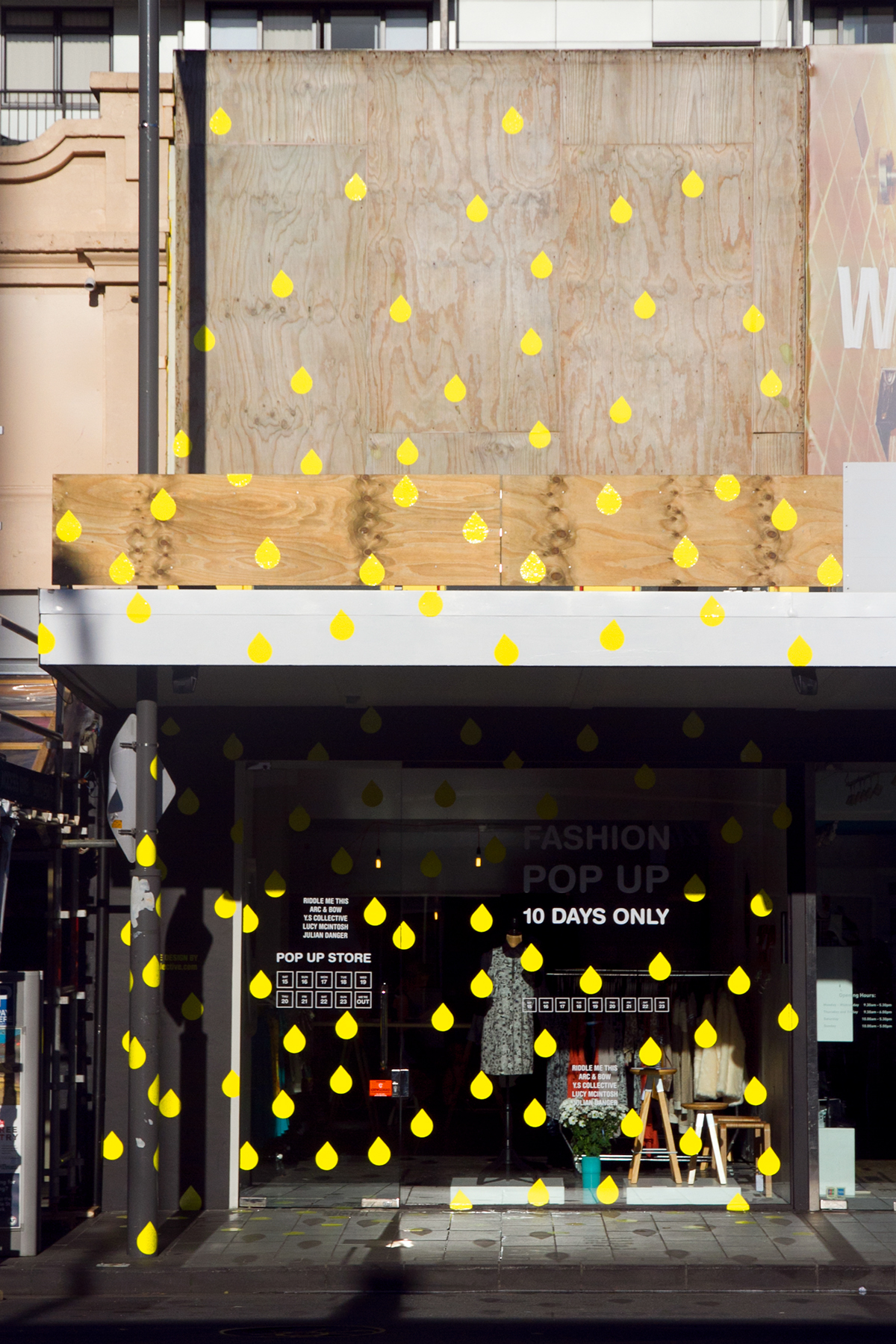 pop up store design Interior Window Display facade Y.S Collective James McNab Sam Griffin auckland yellow colour fashion design Clothing stickers