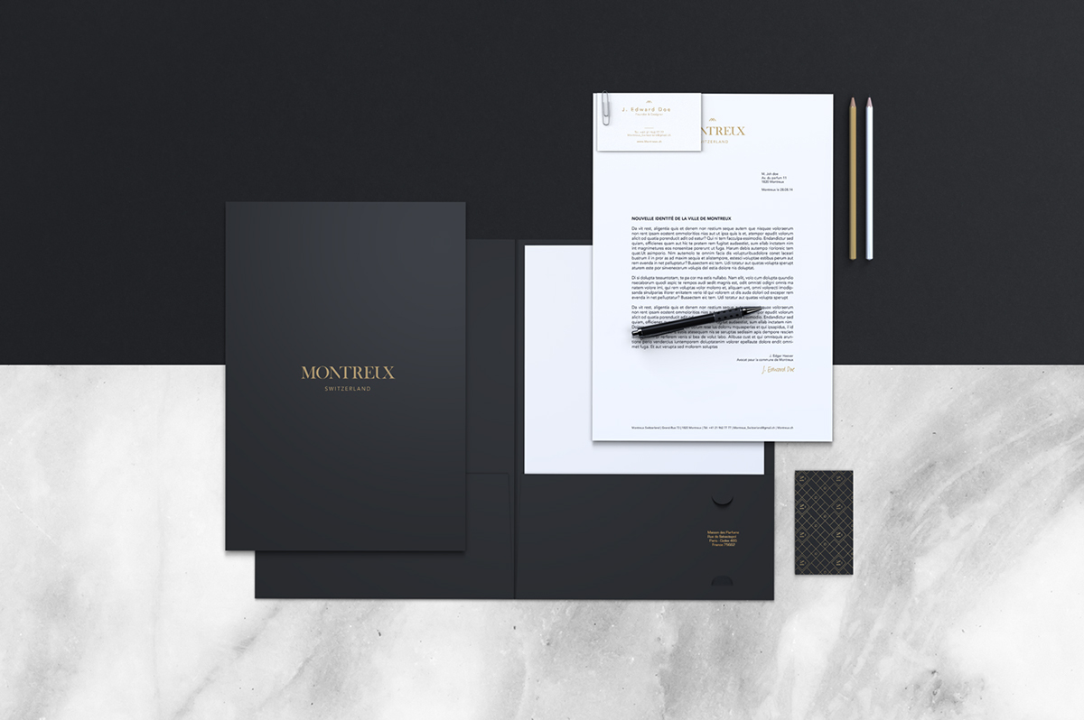 montreux city brand luxe identity logo gold black pattern stationary territorial design graphic font Mockup
