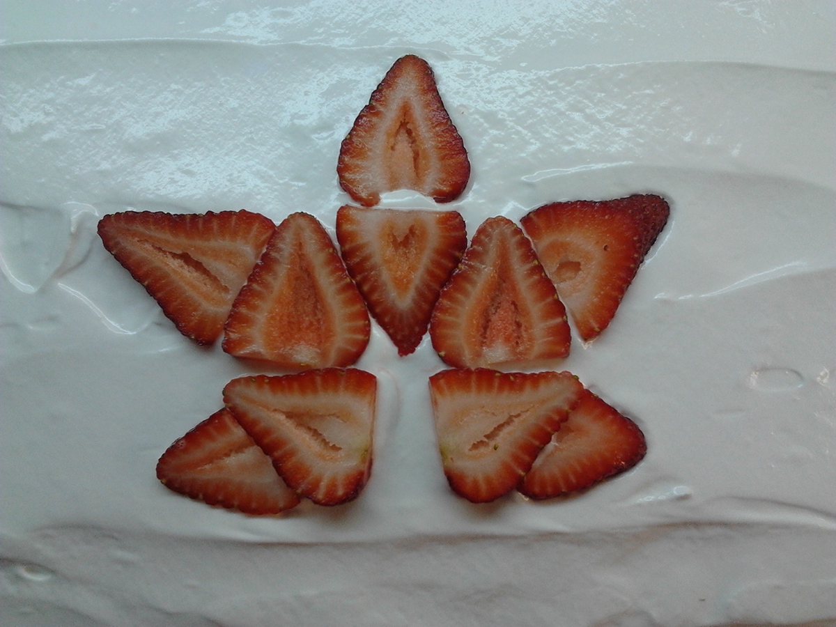 Canada Day flag cake July 1 vanilla mousse seven minute frosting strawberries icing carolyn Marie cook korneluk