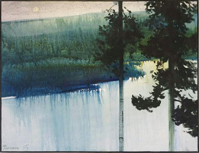 north danilmariia lake blue green pines Landscape oil on canvas