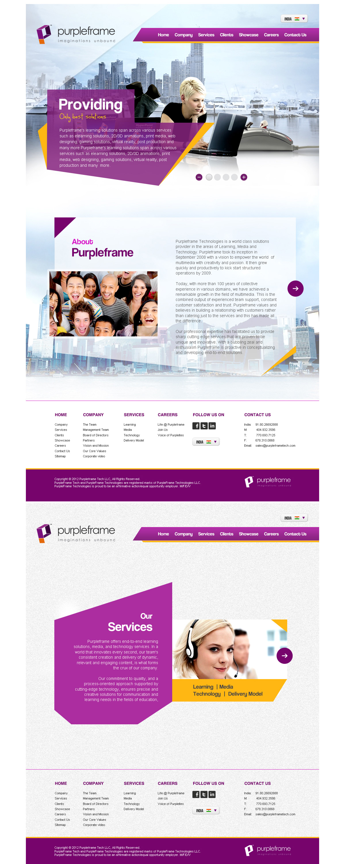 Purpleframe website redesign purple color website bangalore e-learning scrollable one page website creative webpages india web designer
