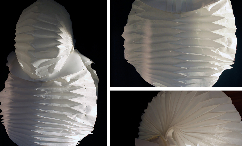 Cocoon Wearable sculpture Isolation installation Exhibition  Pleats folds Tessellation plastic fabric hide