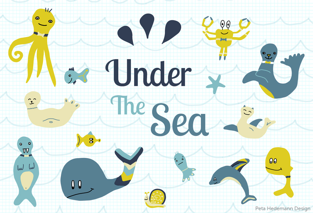 characters under the sea cute children blue pun seal happy design animals card