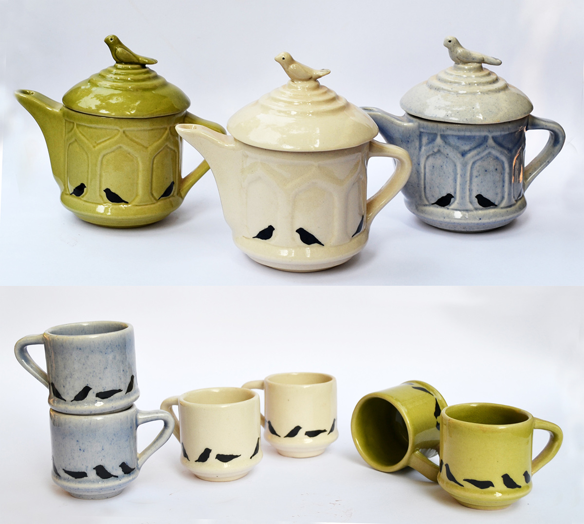 souvenir small cups small kettle TEA SET two cup set kettle birds ceramics  stoneware tableware decore utility tea chai