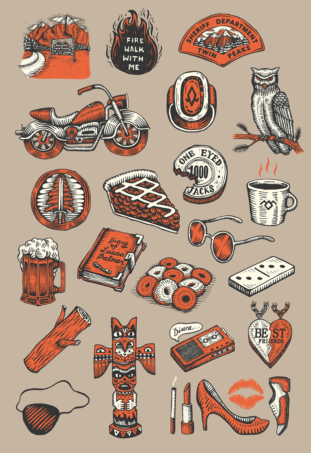 twin peaks icons woodcut Travis pietsch pine trees trees mountians beer motorcycle Doughnuts Coffee log lady sheriff