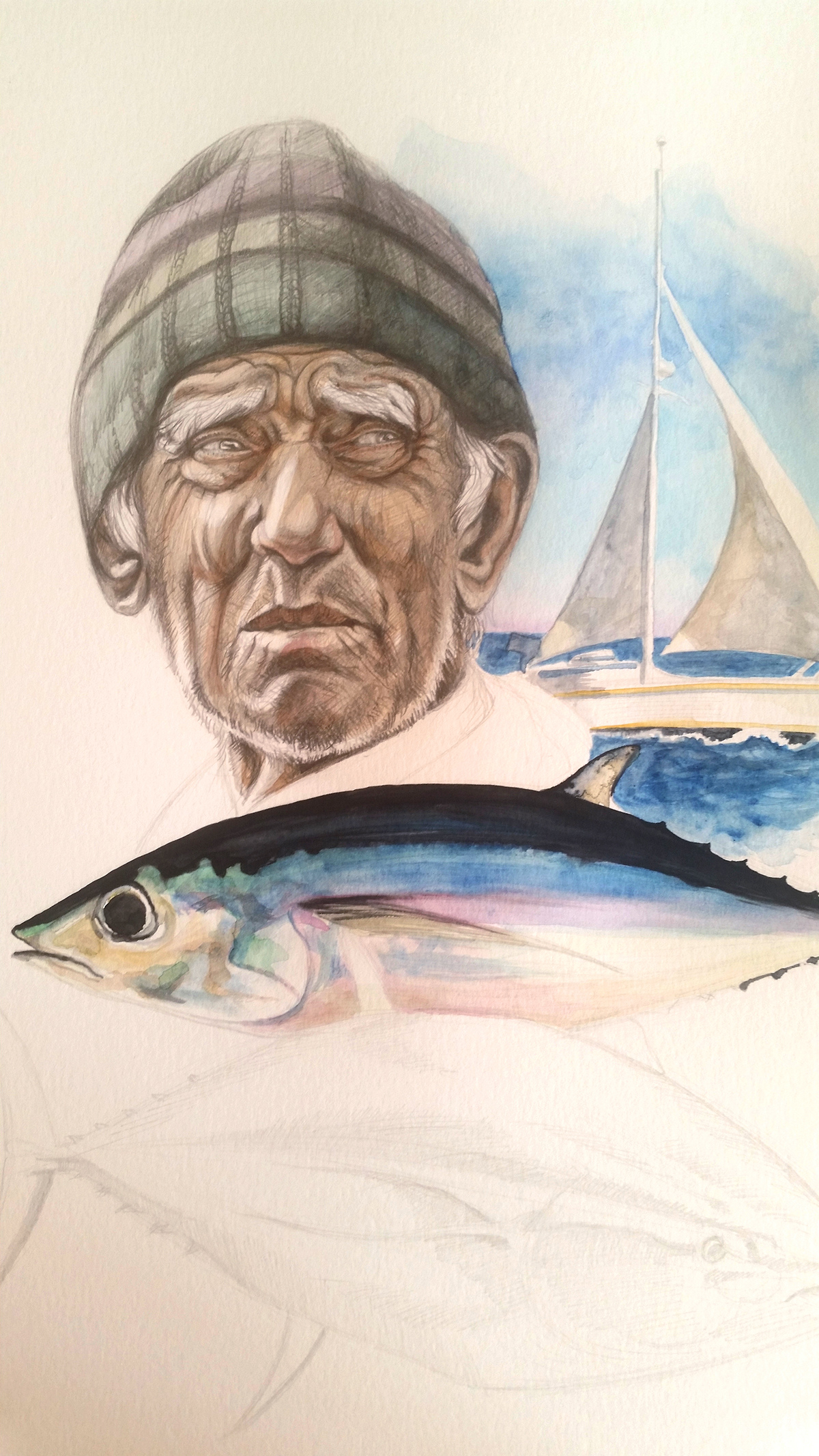 watercolor graphite pencils colred pencils Drawing  Fisherman