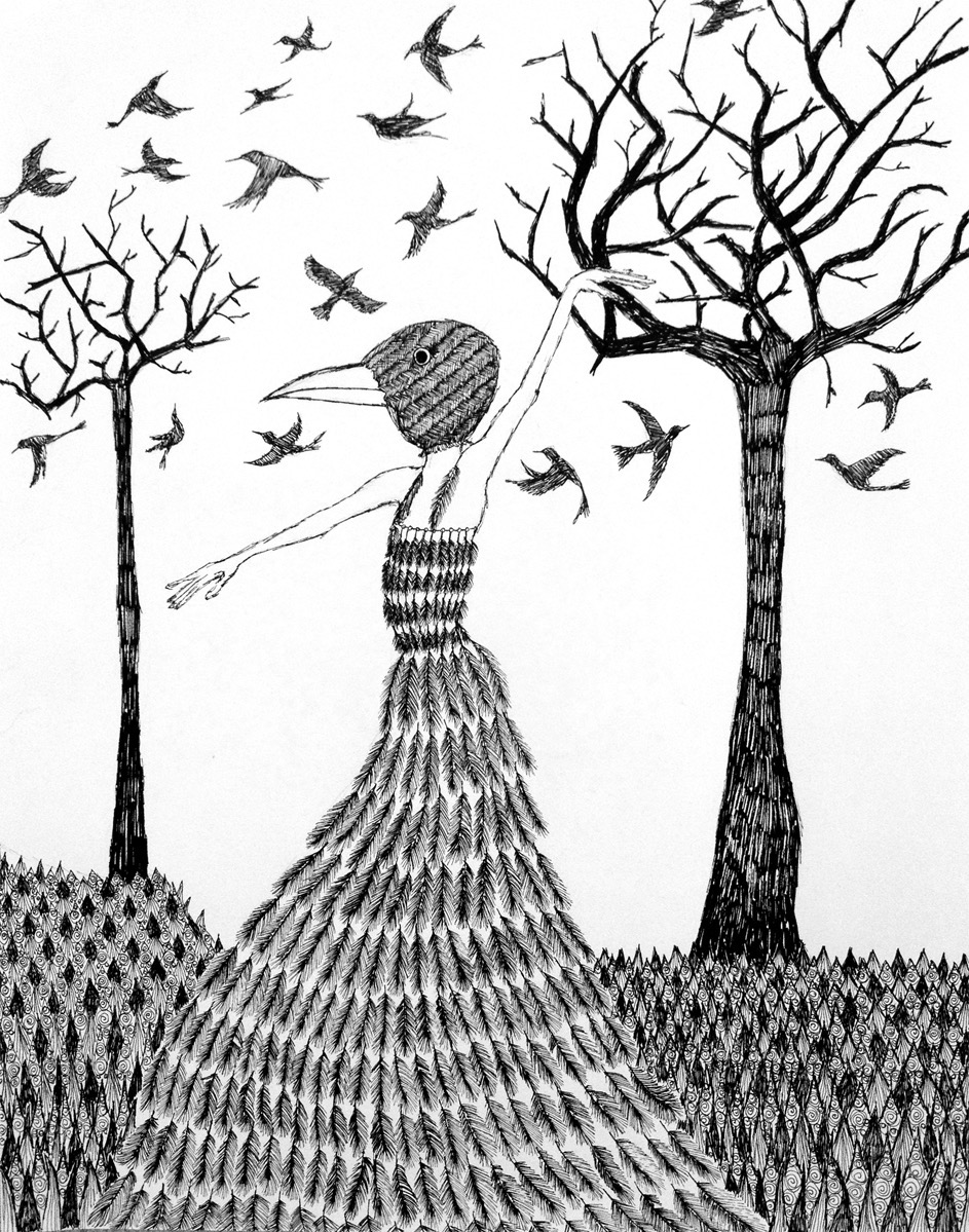birds crows complex detailed intricate Tree  branches black and white monochrome dress Rotring