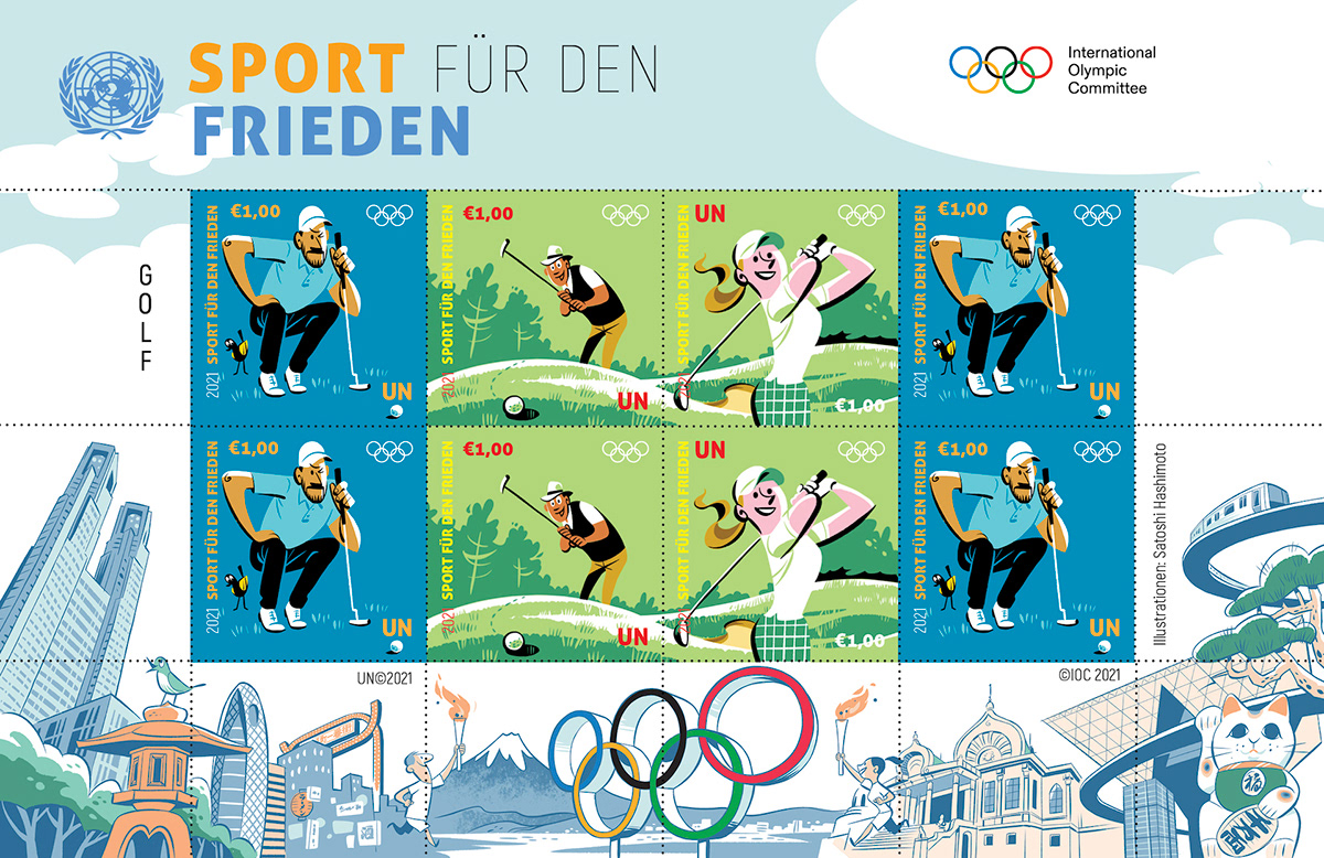 2020 Olympic Stamps 'Golf' illustrated by Satoshi Hashimoto
