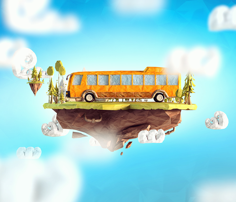 lowpoly Low Poly LOW poly polygon cartoon Island lowpoly island bus children school mountains environment floating rocks