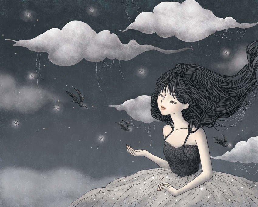 art illustrations girls fairytale dreamy SKY night sky cumulus whispers soft delicate clouds stars Constellations dress birds rabbits black pink gold slate grey rose tea puce mustard yellow Indigo purple whimsical swan astrological