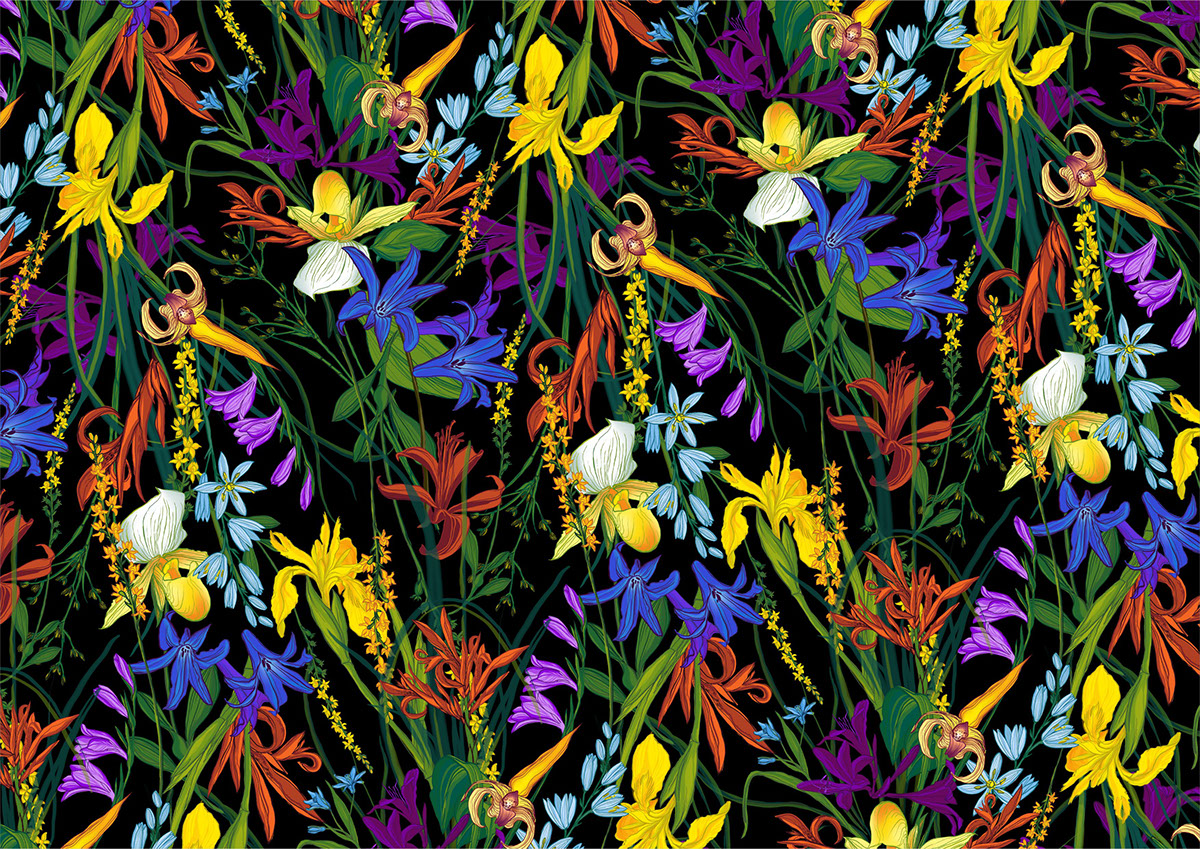 tropic flowers bright colors textile pattern surface design