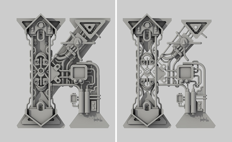 3D letter Letterform Erik Marinovich "K" letter form type letter k process grayscale c4d cinema 4d Render model