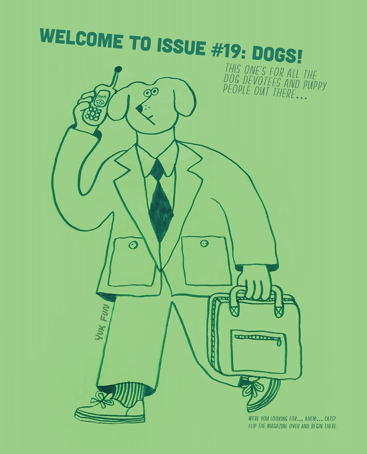 A magazine welcome page featuring an illustration of a dog in a suit taking a call on his mobile. 