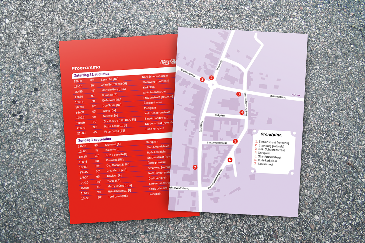 festival street theatre logo identity Erlenmeyer red purple brochure folder video belgium België EKE