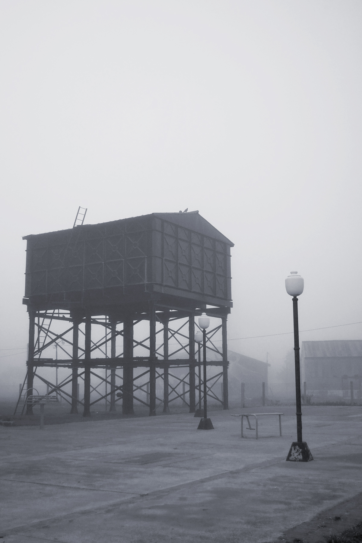cuidad niebla bruma tren vias silos blanco y negro argentina monumento foto
