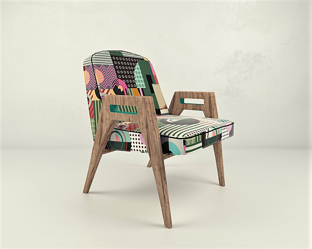 armchair wood printed fabric colorful geometric pattern furniture Interior design