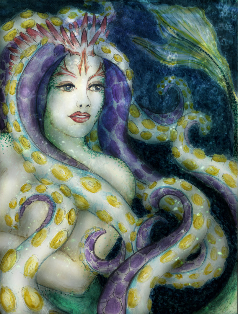 mermaid kracken marine Ocean mythical fantacy fish watercolor vintage pinup