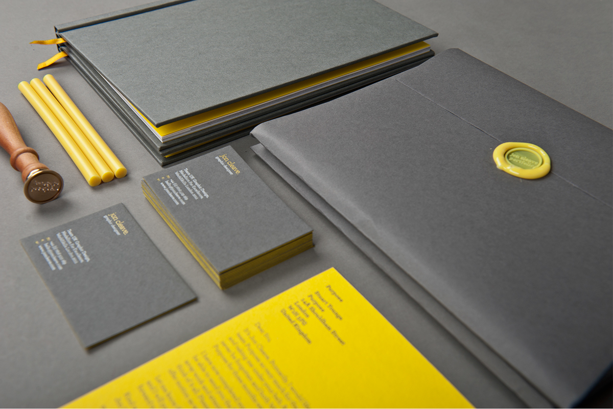 portfolio self promotional material Business Cards 700gsm cards Duplex Cards wax stamp seal design portfolio book portfolio book envelope seal wax grey yellow Promotional