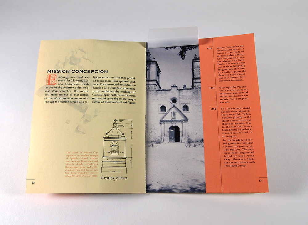 San Antonio texas missions history Landmark book Booklet visitor Guide saddle stitch vellum Overlay building pattern windows