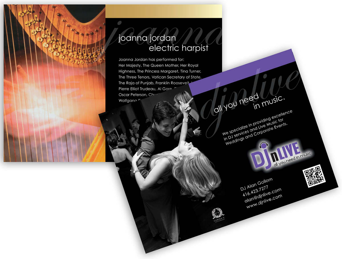 Adobe Portfolio DJnLive Wedding DJ Toronto Harpist Toronto Joanna Jordon DJ Toronto Website postcard design logo development Live wedding music
