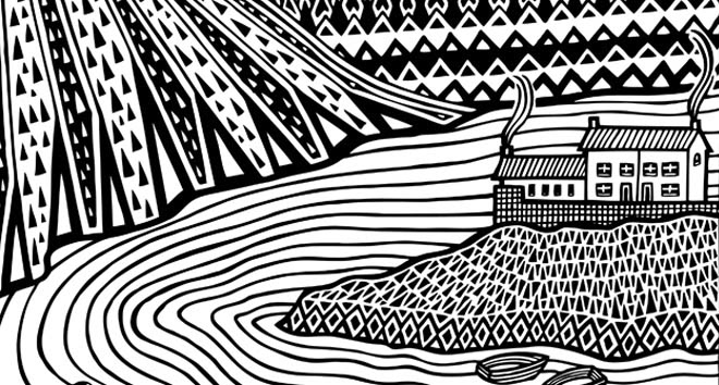 black White pen paper Landscape hills sea Ocean animals set design pattern shapes texture line