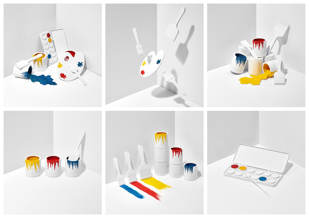 crafts   paper craft still life photography all white paper art set design  mondrian primary Primary colors still life