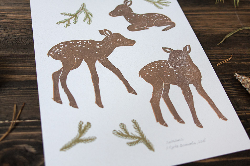 linocut linoleum printmaking stamps letter postcards hand print forest Nature