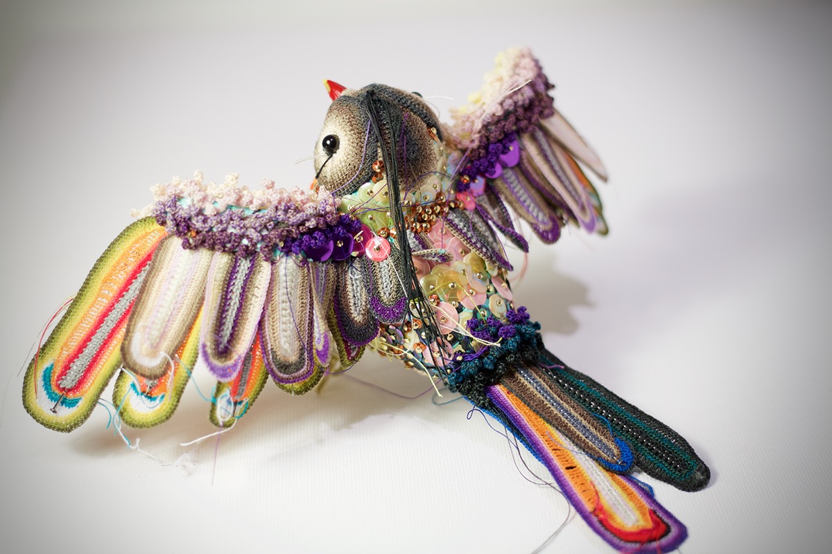 textile bird little bird soft sculpture crochet bizarre metaphor threadart miniture art creatures