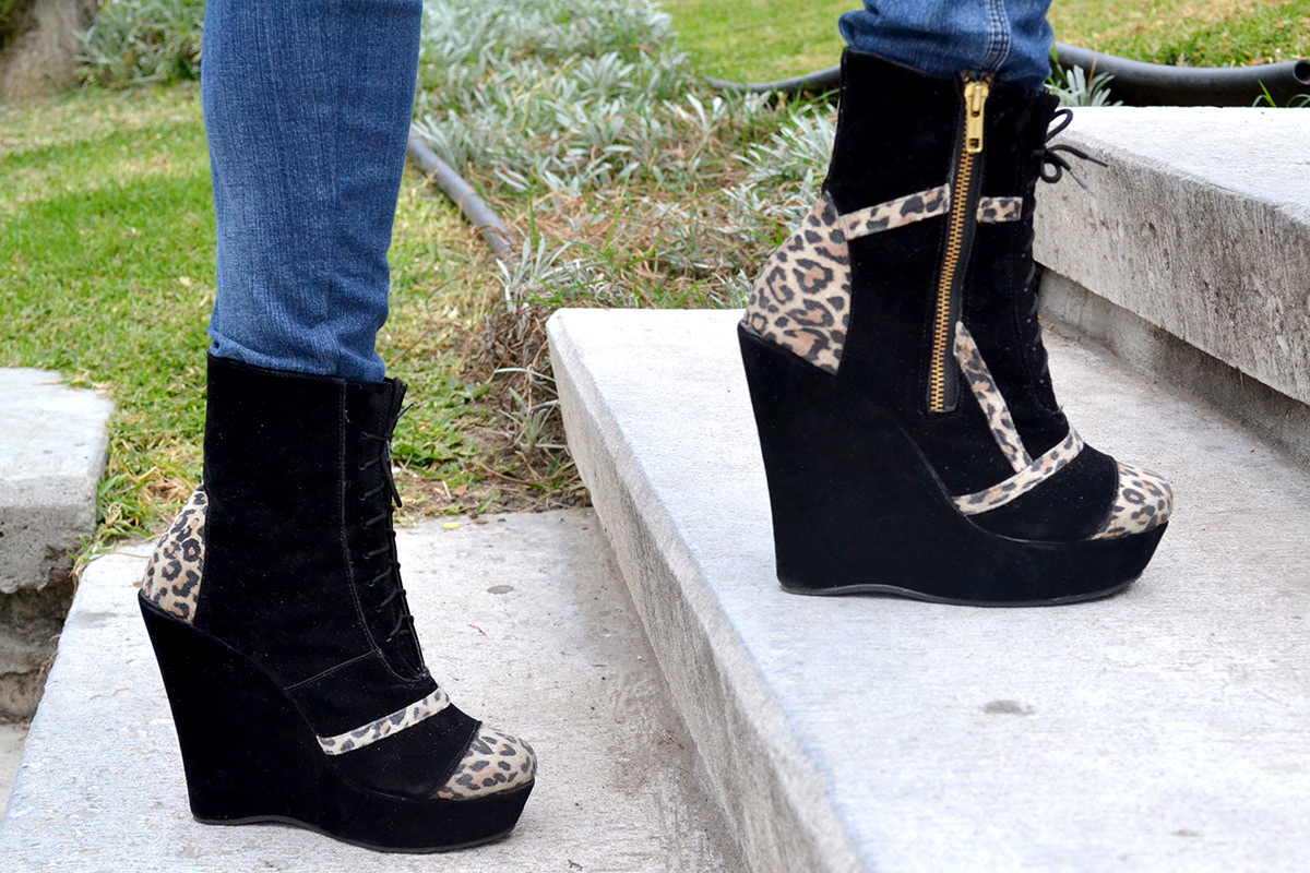 ankle boots black Animal Print wedge footware women
