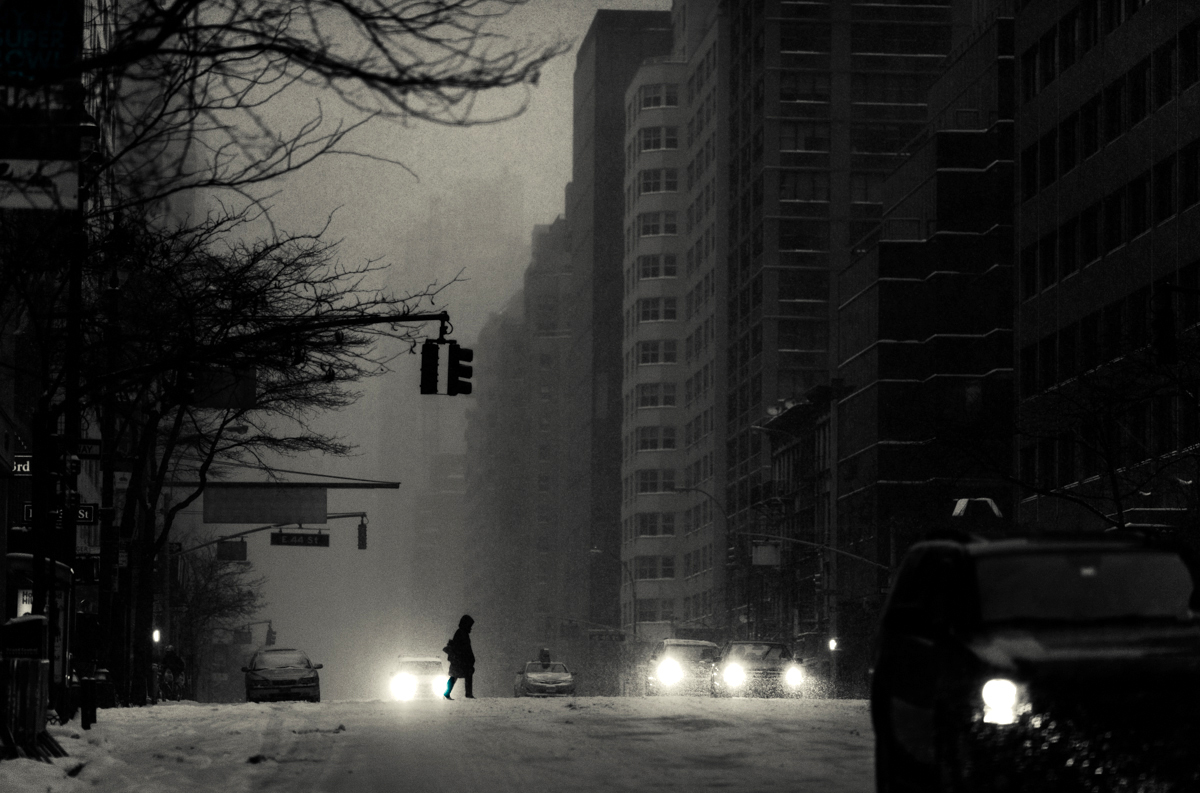 storm winter Blizzard Manhattan nyc new york city midtown Street black and white weather cold snow
