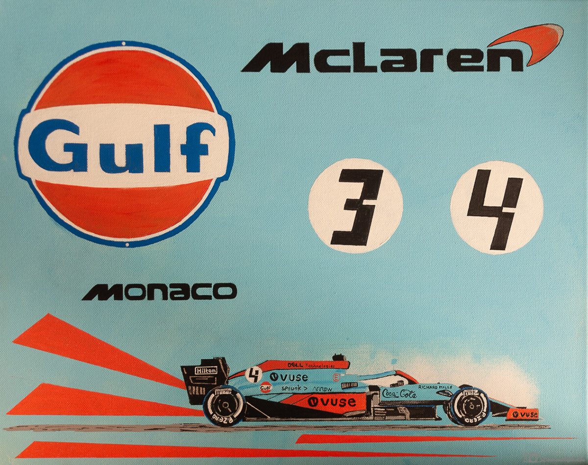 acrylic painting artwork car dessin Formula 1 gulf McLaren peinture Racing