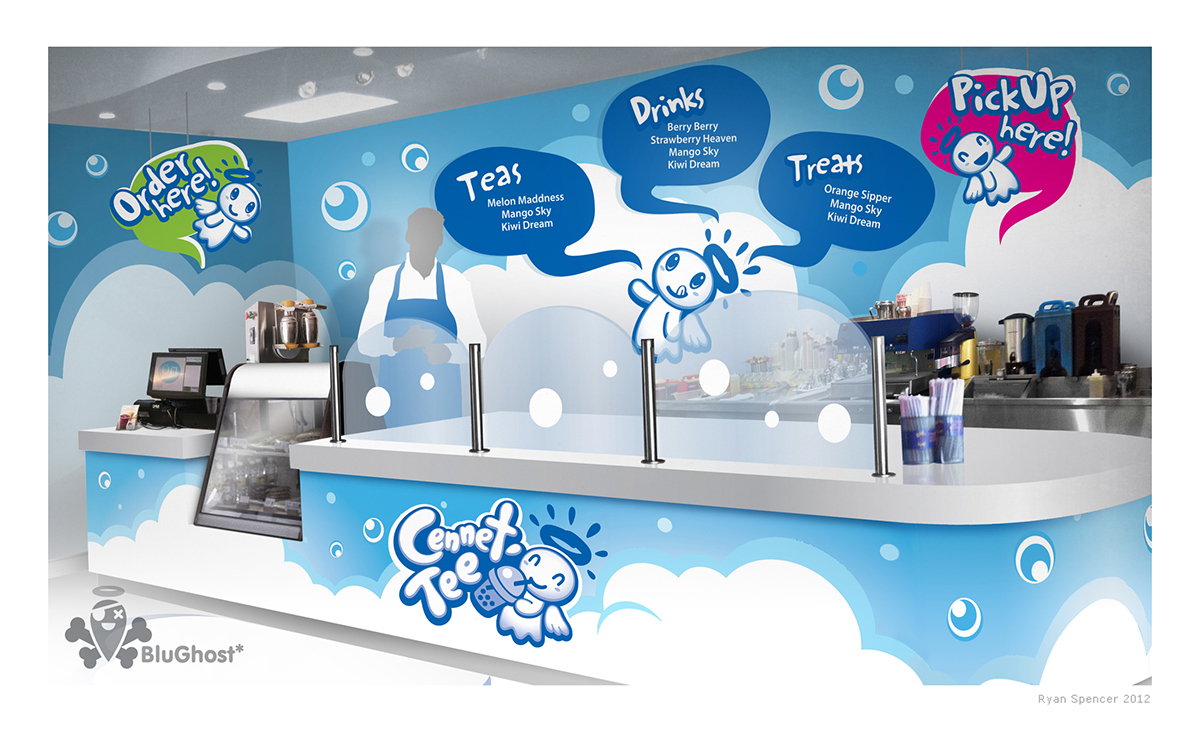 ghost  angel bubble tea cennet blue store shop Interior Character design brand wing cloud