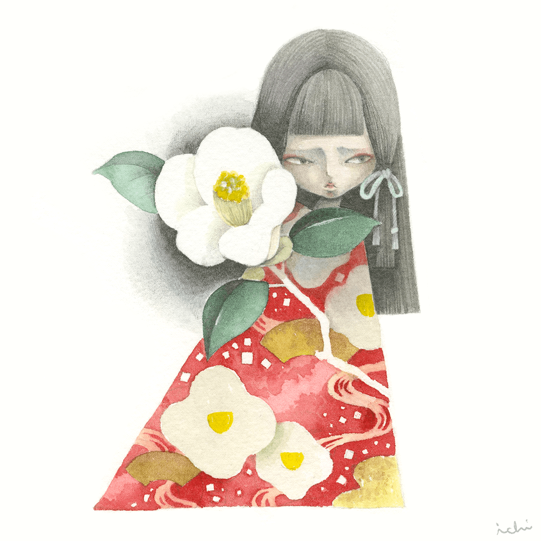 illusration kimono girl flower water color Camellia japan