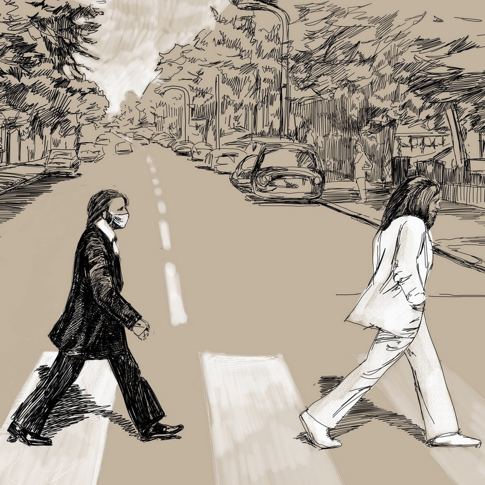 COVID-19 concept art cartoon digital illustration pandemic the beatles poster stay at home Abby Road Keep Your Distance
