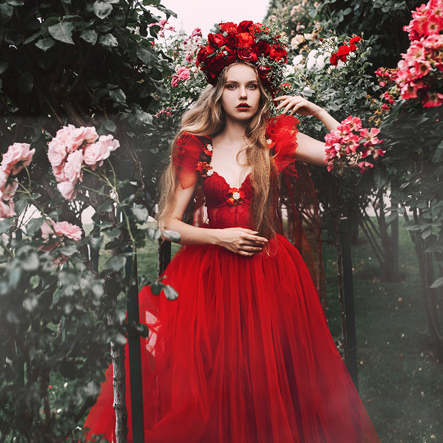 girl woman people red dreamy dress flower