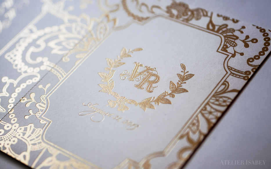 laser cut gold White lace letterpress foil wedding Invitation monogram crest