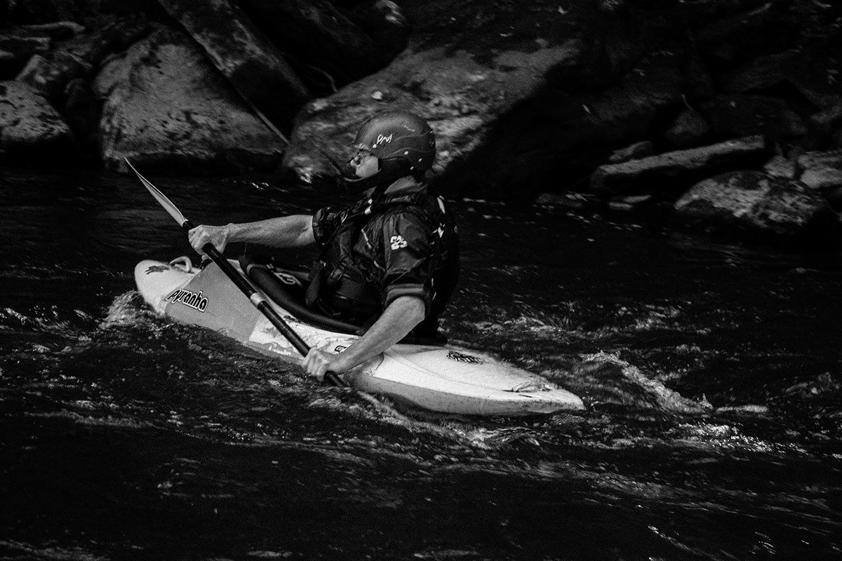 action kayak White Water black and white b&w