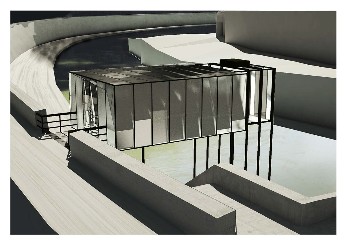 water river terminal glass steel modern minimal boat taxi RPI Plan section Elevation Render diagram