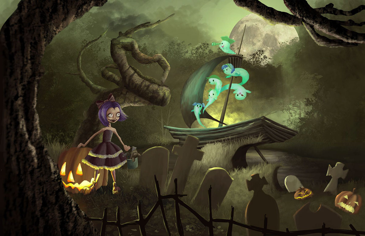 Halloween dark mysterious eerie Ghosts children sweet cemetary Scary creepy whimsy fairytale Magic   Ominous cute