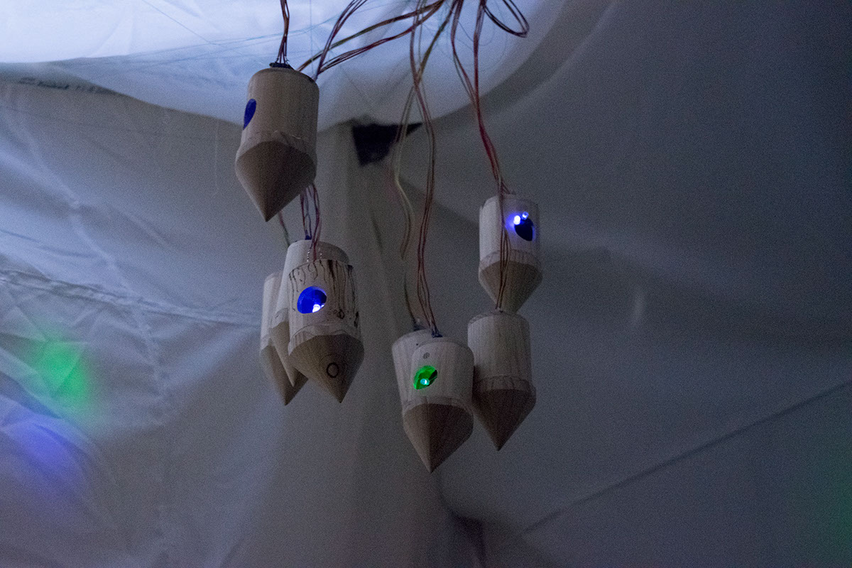 Interactive Arts Arduino led installation interactive installation cave blanket fort childhood Chimes wood chimes sound art light art breathing relaxing Space 