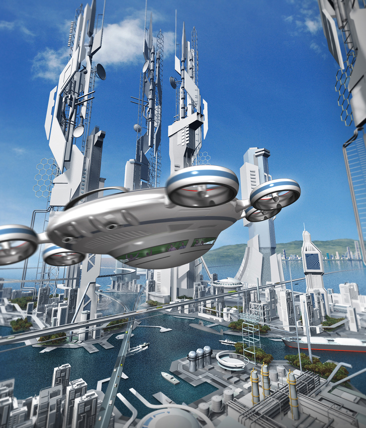 future city Machine Island Real ILLUSTRATION  3dcg SF radio tower drone garden cruise