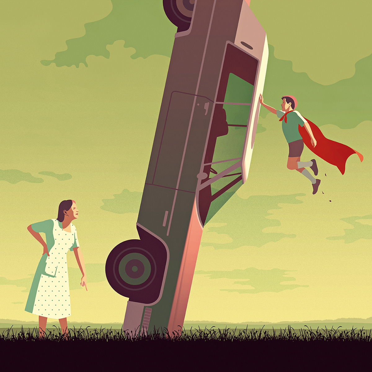 Illustration of a young superman playing with a cadillac car