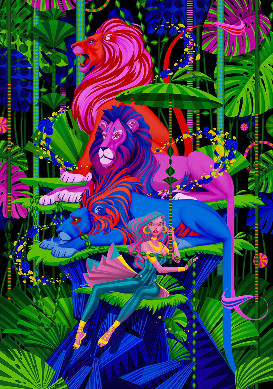 girl ILLUSTRATION  jungle lion pattern plants psychadelic Umbrella vector vibrant