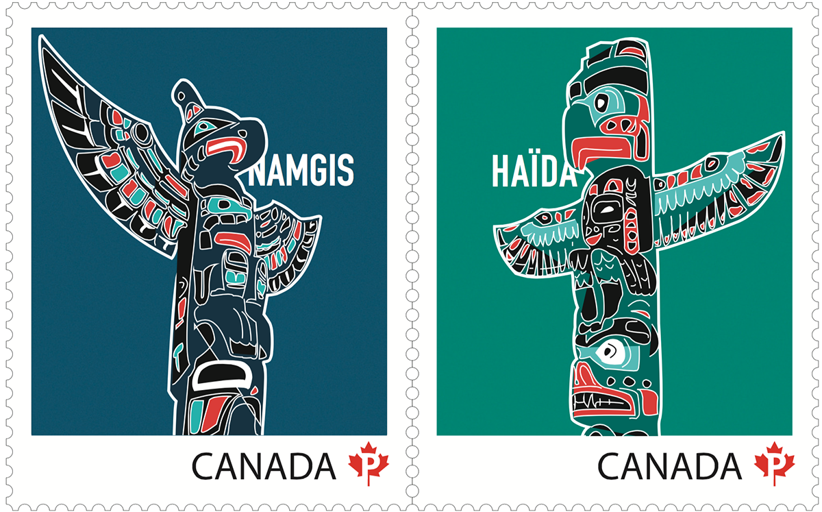 stamps timbres poste post Totem Autochtones Illustrator vector Vecteur