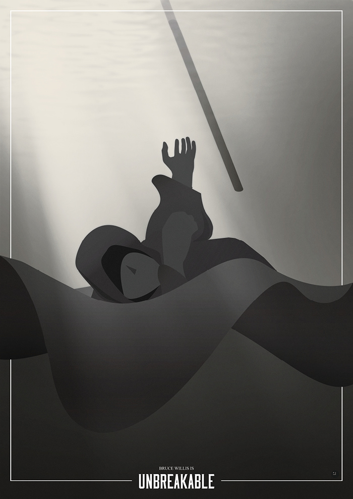unbreakable minimalist noir poster alternate Bruce Willis M Night Shyamalan Drowning Hero joe miller Film art movie art graphic post