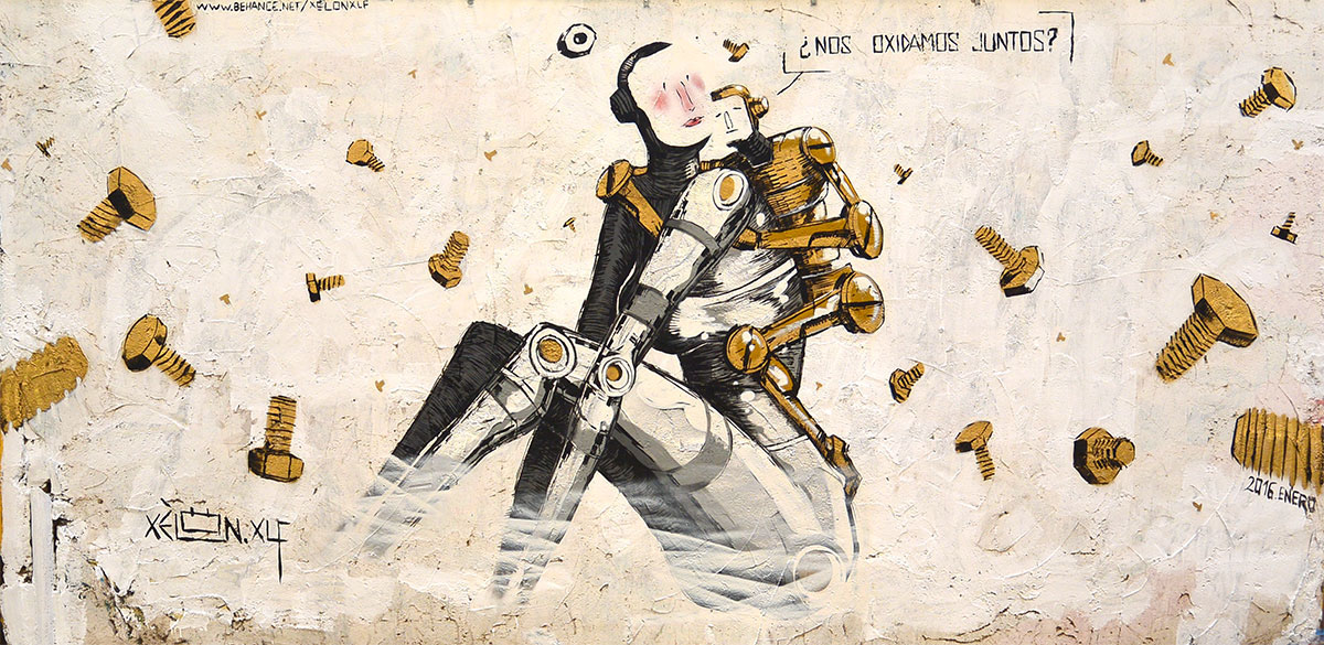 Xelön XLF valencia underground spray brush paint robot bot Love rust together couple