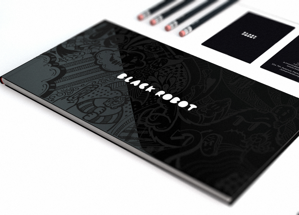 black robot robot black logo identity studio agency brand stationary letterhead pencil business card iphone