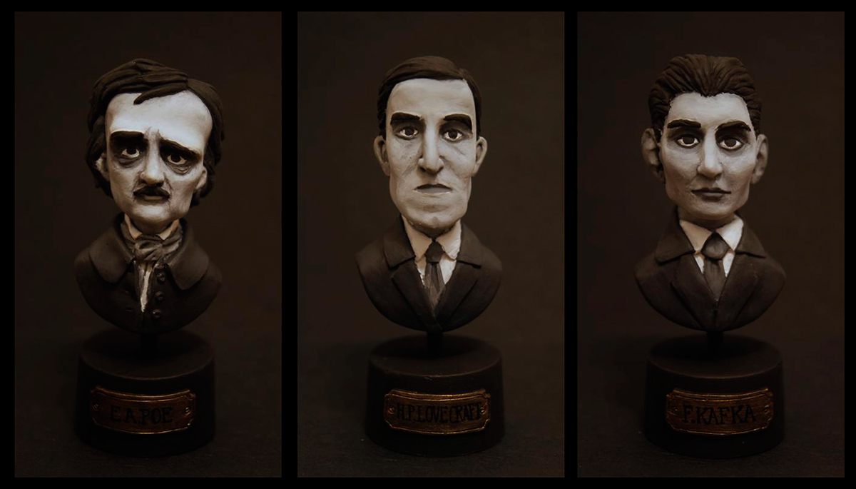 Bustos escritores edgard allan Poe h.p.lovecraft Franz Kafka literatura esculturas modelado caricaturas retrato