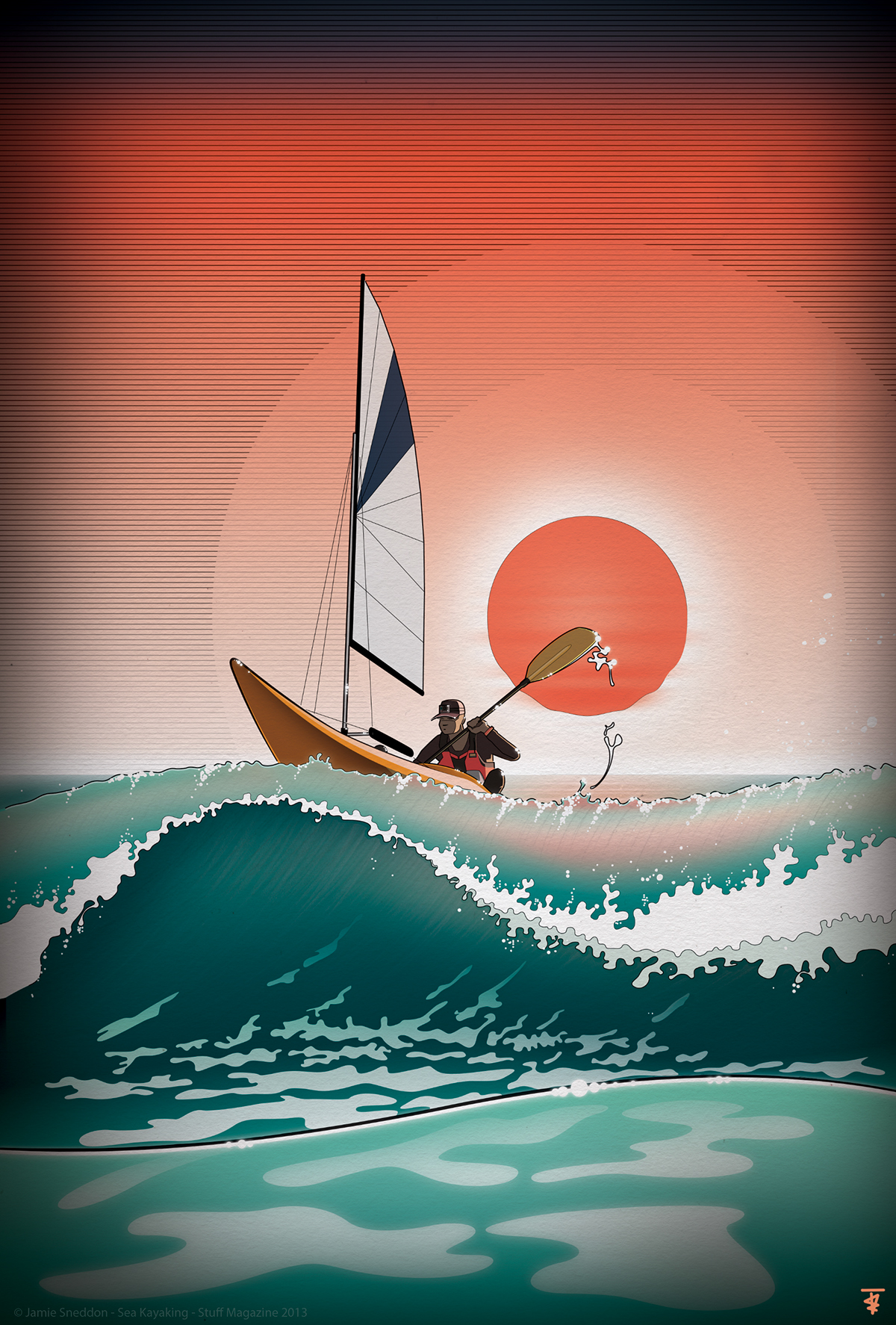 sea kayaking sea sunset wave Chinese art water effects Sun pencil Paper texture Watersports