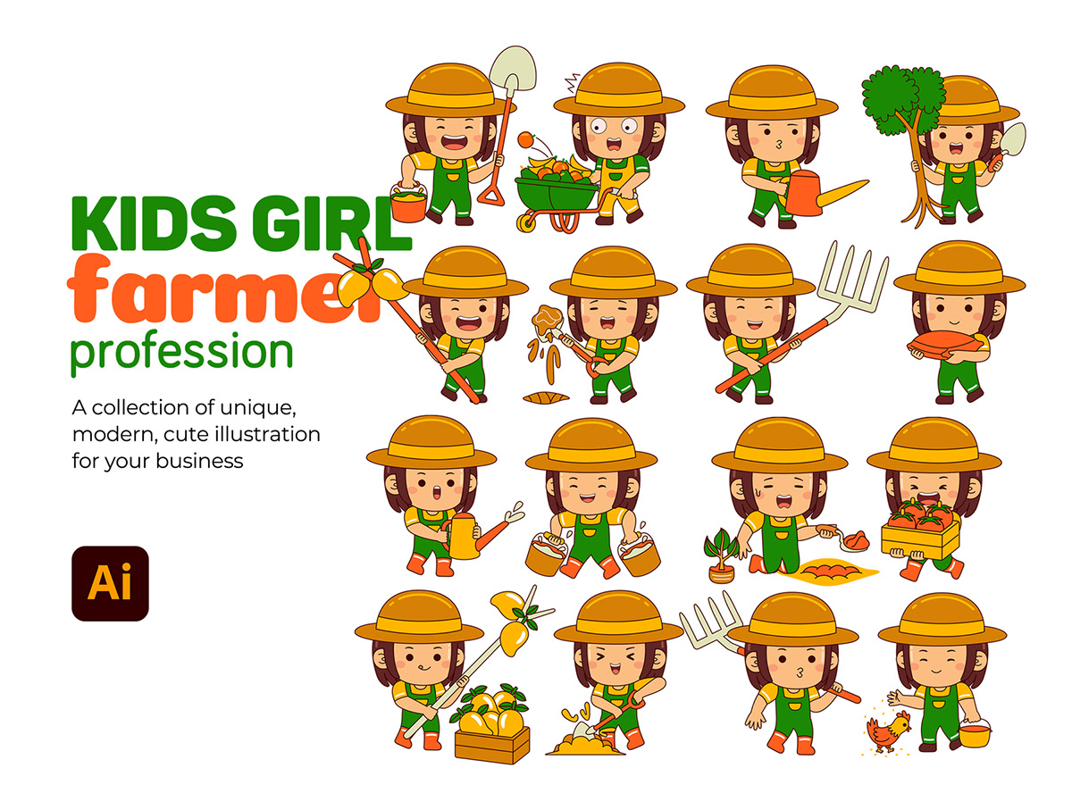 girl farmer profession Character job cartoon vector cute Work  kid